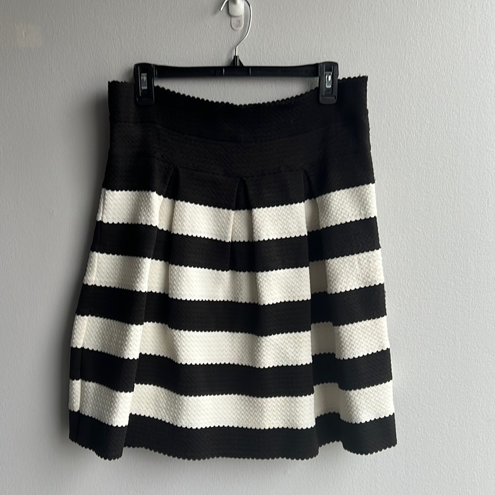 Ann Taylor Black and White Stripe A-Line Skirt with Pleats and Elastic Waist